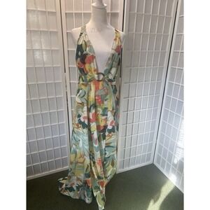 Luxxell Tropical Halter‎ Maxi Dress Size Large Quiet Lux Chic Vacay Vibes